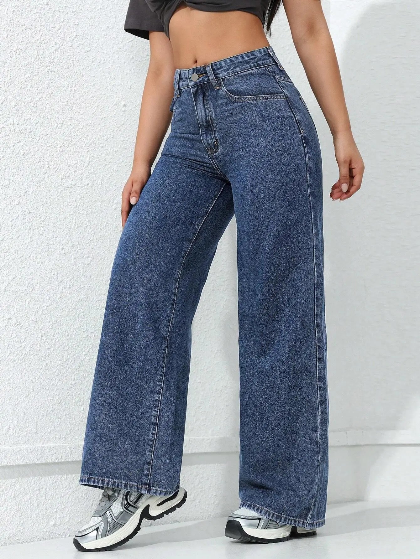 Denim Wide Leg Pants Women Streetwear Jeans Washed Distressed High Waist Straight Trousers Female Vintage Basics Floor Length