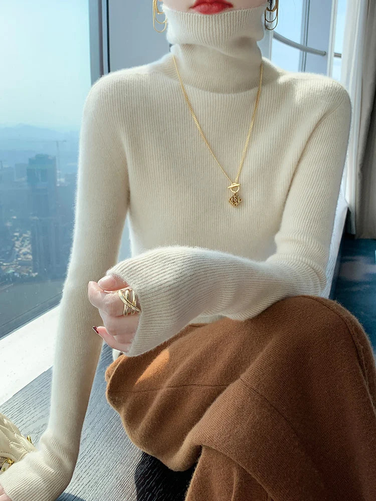 Grace Women Slim Sweater Pullover Turtleneck Basic Cashmere Autumn Winter 100% Merino Wool Knitwear Soft High-end Threaded Tops