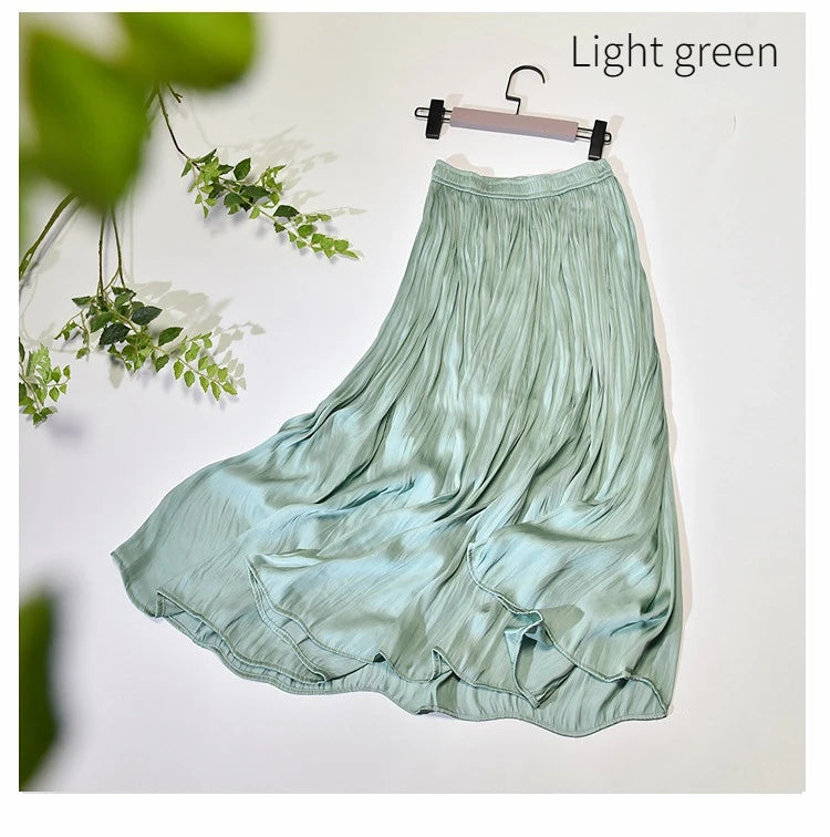 Summer Silky Skirt Elastic High Waist Glossy Silky Long Skirt Milk Silk A-line Long Skirts Women Beach Pearlescent Dress