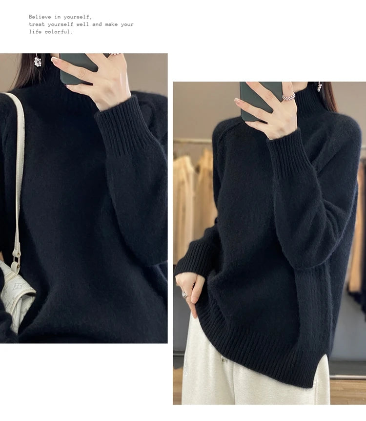 Women's High-Necked Cashmere Sweater 100% Soft Wool Thickened Lazy Raglan Sweater with Slit for Autumn Winter Comfortable Waxy W