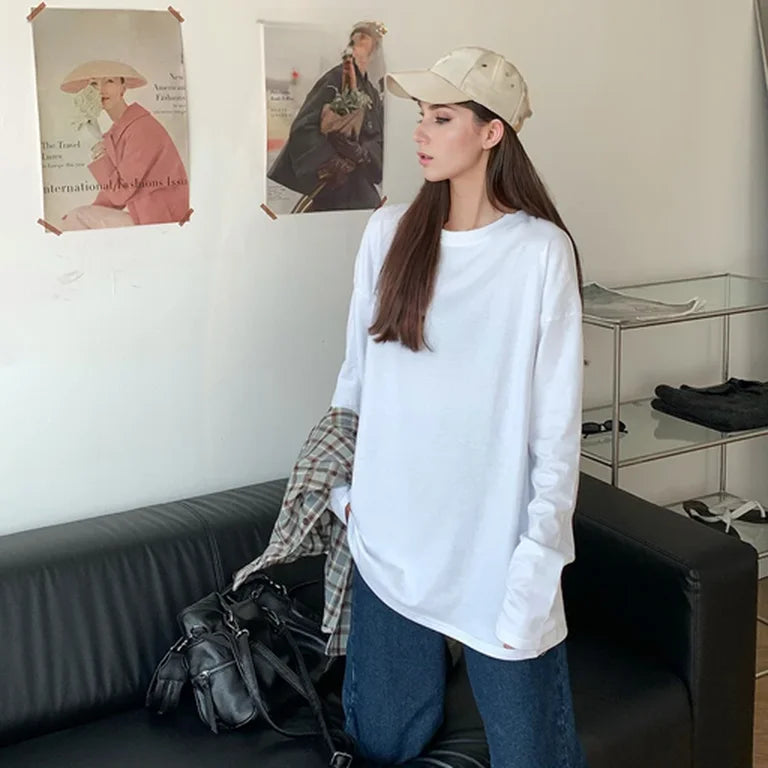 White Pure Color Women T-shirt Student Early Autumn Long Sleeve Tank Top Casual Style Polyester Fabric Comfortable Slim Fit
