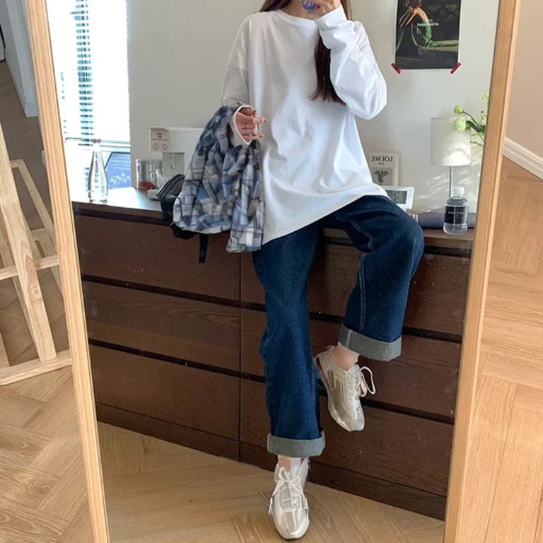 White Pure Color Women T-shirt Student Early Autumn Long Sleeve Tank Top Casual Style Polyester Fabric Comfortable Slim Fit