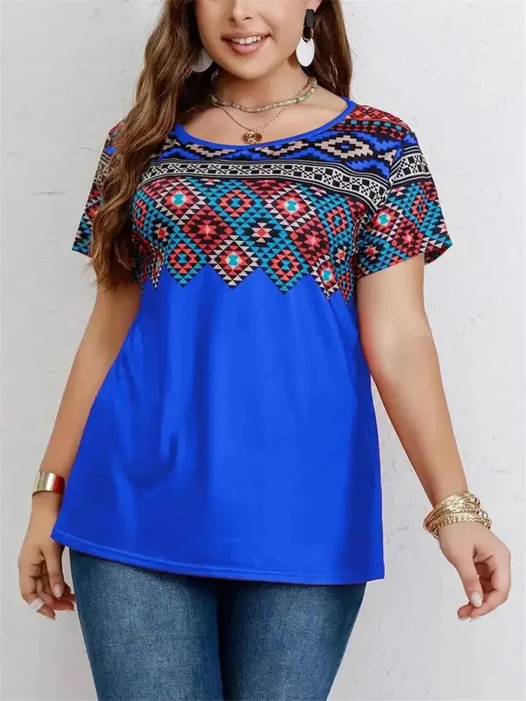 New 2025 Summer Retro T Shirt Women Ethnic Style Geometry Pattern Print Shirt Casual Fashion Plus Size Short Sleeve Tee Tops 6XL