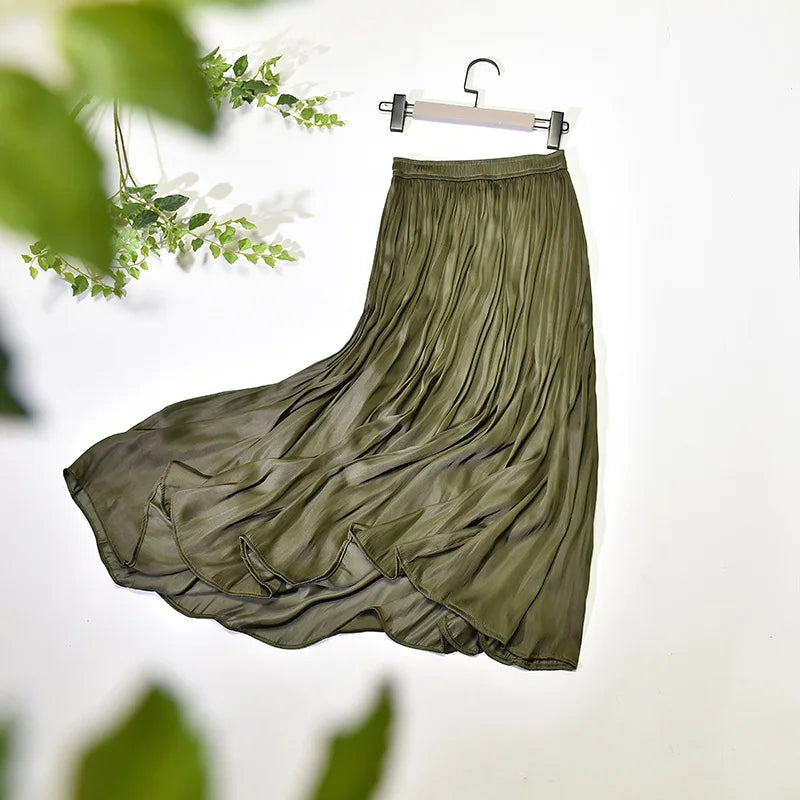 Summer Silky Skirt Elastic High Waist Glossy Silky Long Skirt Milk Silk A-line Long Skirts Women Beach Pearlescent Dress