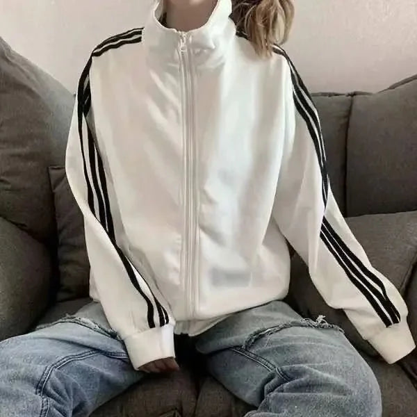 Spring Summer New Three Bars Jacket Women's Loose Thin Baseball Uniform Black Korean Style Student Fashion Outerwear Coat