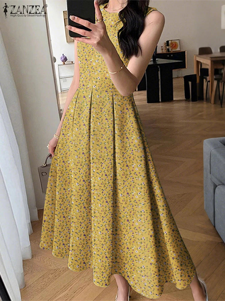 ZANZEA Women Sleeveless Pleated Dress 2024 Summer Korean A-line Tank Evening Dress Elegant Swing Vestido Vintage Party Long Robe