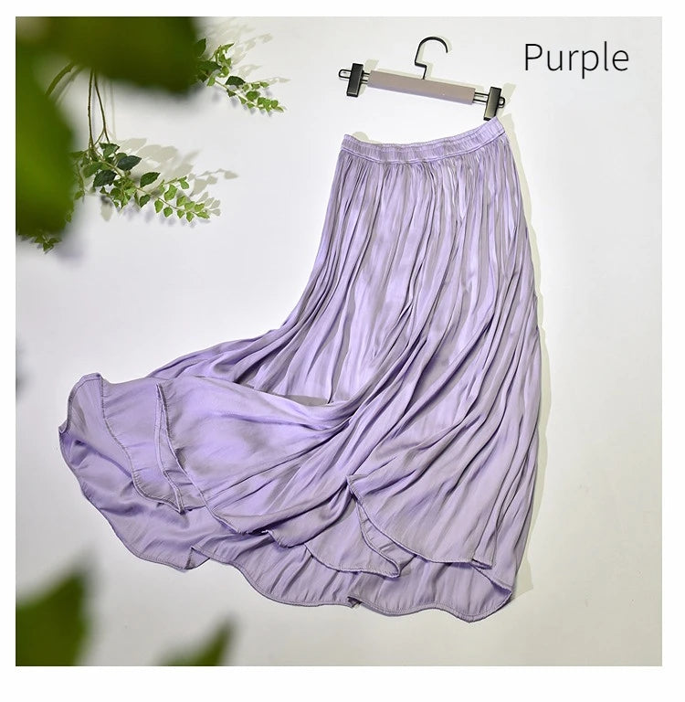 Summer Silky Skirt Elastic High Waist Glossy Silky Long Skirt Milk Silk A-line Long Skirts Women Beach Pearlescent Dress