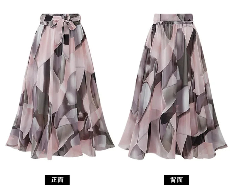 Women Chiffon Half-body Skirt,Female Summer Section of The Medium-length Floral Skirts High-waisted A-line Yarn Skirt Asian Size