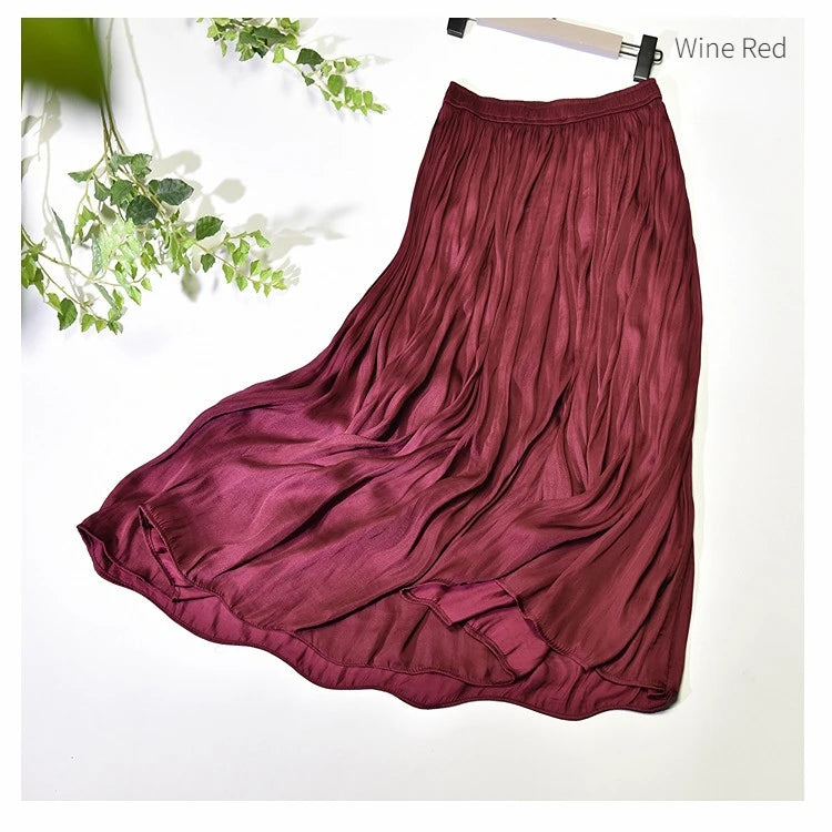 Summer Silky Skirt Elastic High Waist Glossy Silky Long Skirt Milk Silk A-line Long Skirts Women Beach Pearlescent Dress