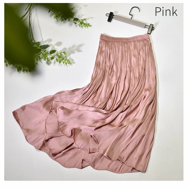Summer Silky Skirt Elastic High Waist Glossy Silky Long Skirt Milk Silk A-line Long Skirts Women Beach Pearlescent Dress