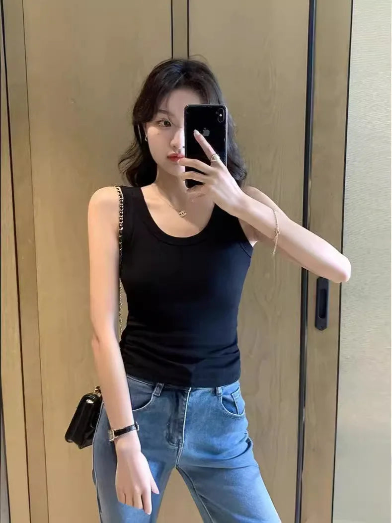 1pcs Summer Women Knitted Tank Tops Girl Thin Tops Lady Basic Casual Tank Tops Round Collar Tees Sleeveless Top For Women M L XL