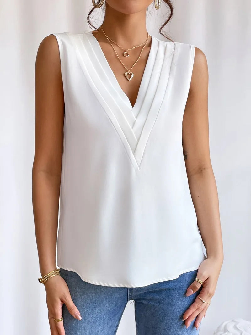 Office Lady Tank Top Summer Sleeveless Deep V Solid Shirt Women Minimalist T-Shirt Clothes