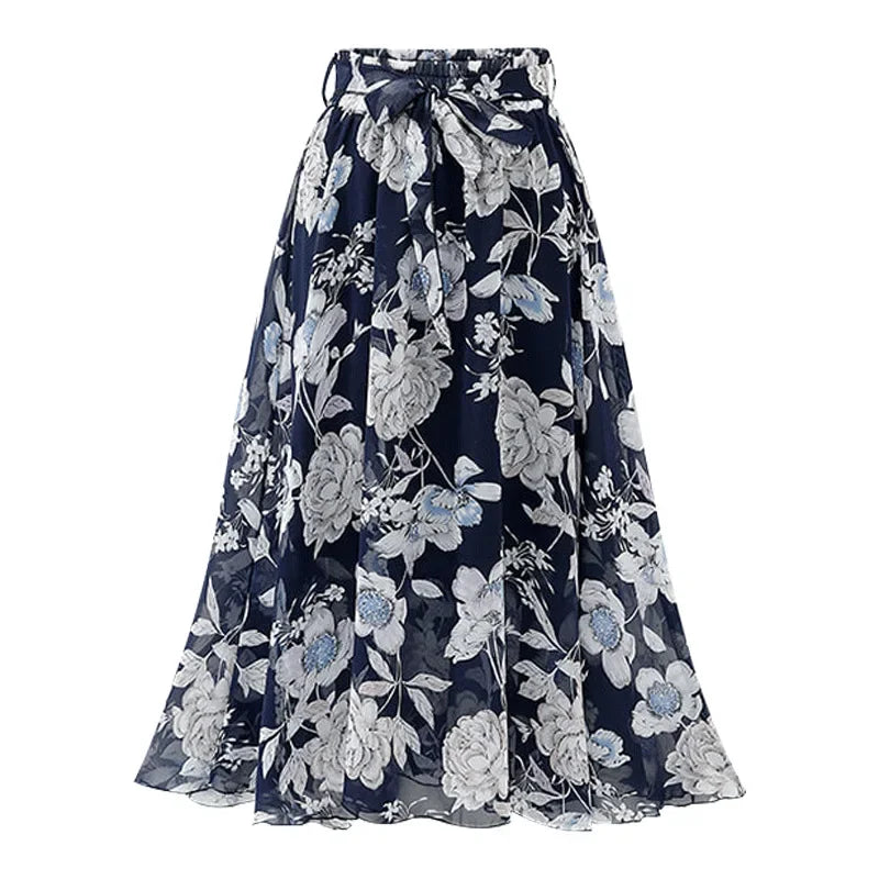 Women Chiffon Half-body Skirt,Female Summer Section of The Medium-length Floral Skirts High-waisted A-line Yarn Skirt Asian Size