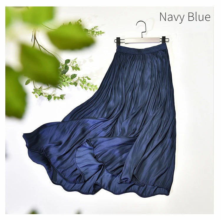 Summer Silky Skirt Elastic High Waist Glossy Silky Long Skirt Milk Silk A-line Long Skirts Women Beach Pearlescent Dress