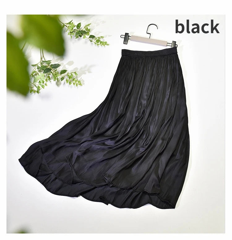 Summer Silky Skirt Elastic High Waist Glossy Silky Long Skirt Milk Silk A-line Long Skirts Women Beach Pearlescent Dress