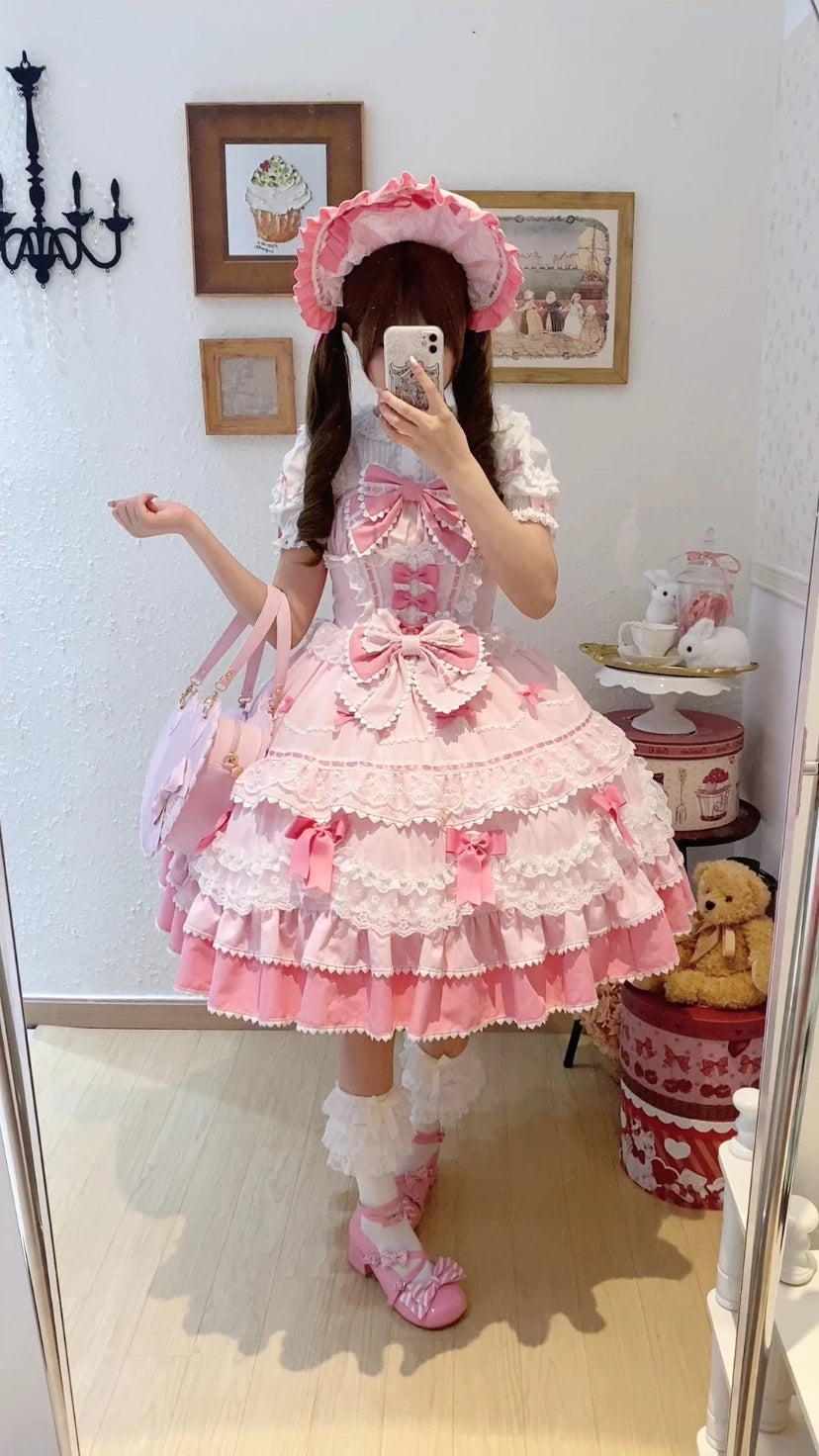 New 2025 Summer Original Sweet Lolita Jsk Dress Cute Bow Lace Stitching Kawaii Girls Women Elegant Slim Suspender Dresses