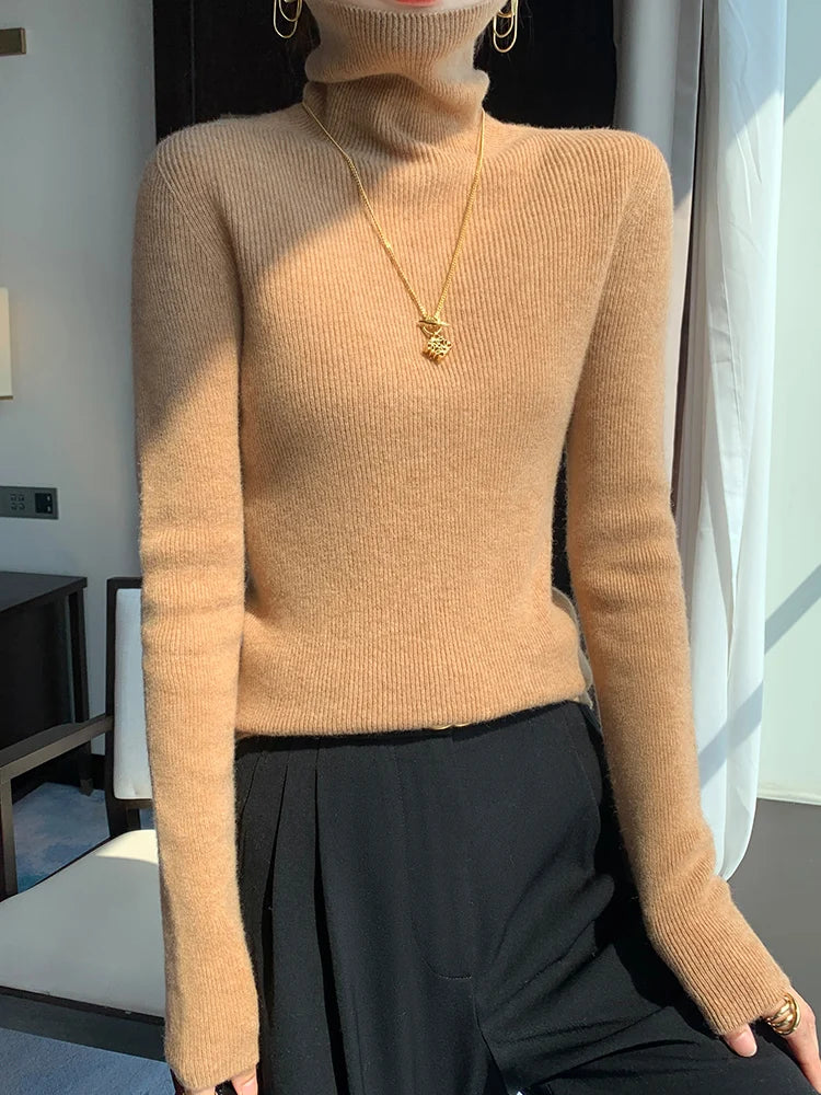 Grace Women Slim Sweater Pullover Turtleneck Basic Cashmere Autumn Winter 100% Merino Wool Knitwear Soft High-end Threaded Tops