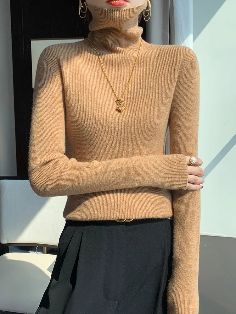 Grace Women Slim Sweater Pullover Turtleneck Basic Cashmere Autumn Winter 100% Merino Wool Knitwear Soft High-end Threaded Tops