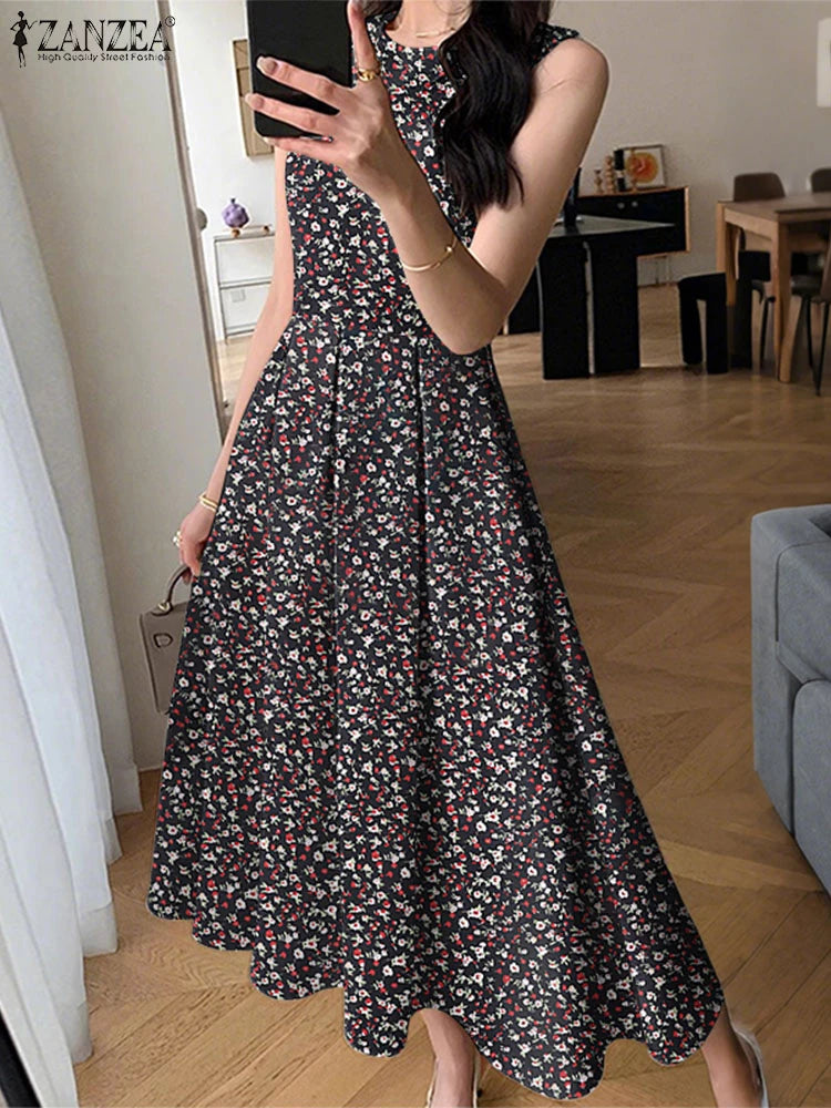 ZANZEA Women Sleeveless Pleated Dress 2024 Summer Korean A-line Tank Evening Dress Elegant Swing Vestido Vintage Party Long Robe