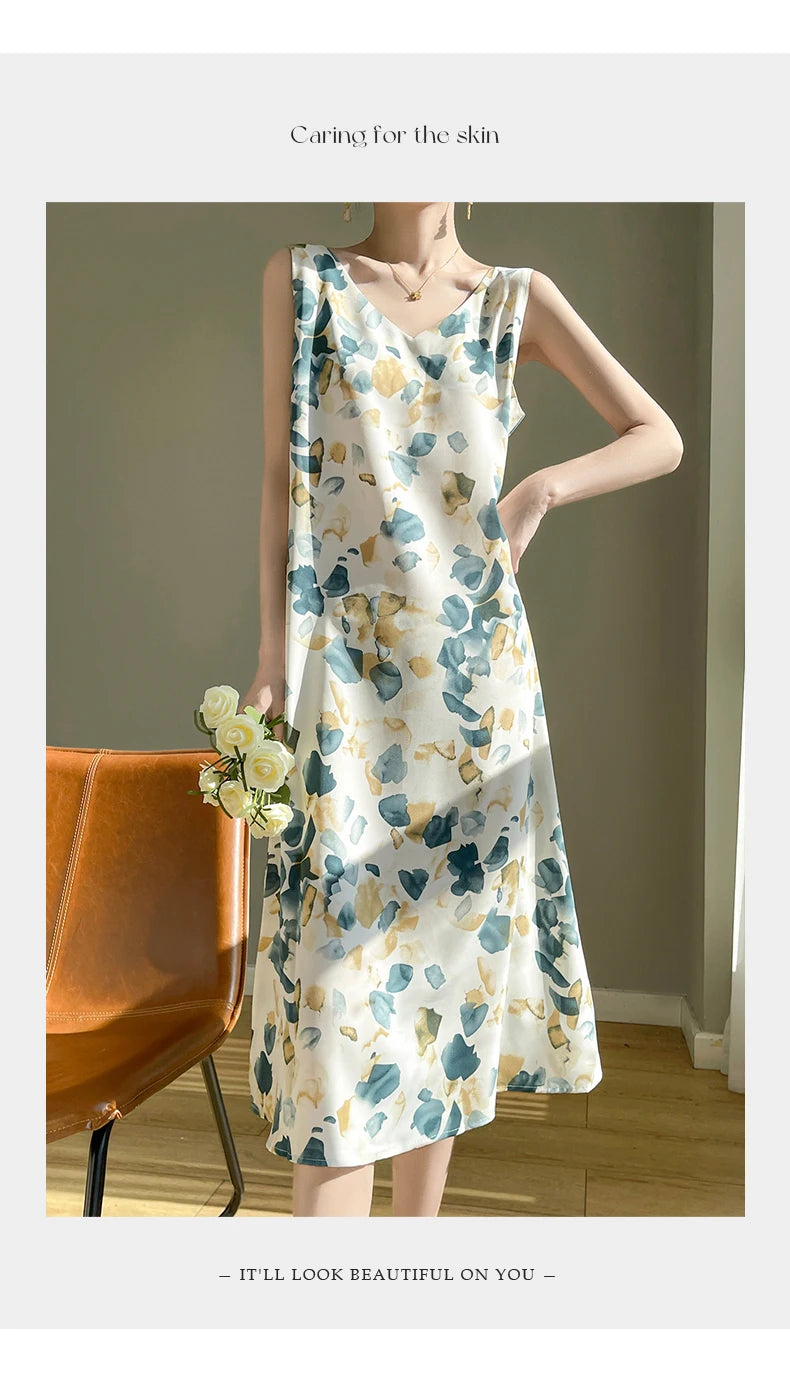 Summer new French silk vest dress for women, acetate satin V-neck light mature fashion floral A-line mid length skirt