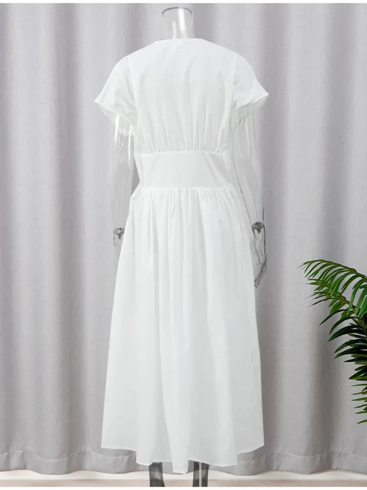 Fashion White Party Long Dress 2024 Women Elegant Pleated Waist Belt Flying Sleeve Office Robe New Lady Street Dresses