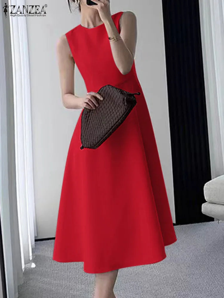 ZANZEA Women Sleeveless Pleated Dress 2024 Summer Korean A-line Tank Evening Dress Elegant Swing Vestido Vintage Party Long Robe