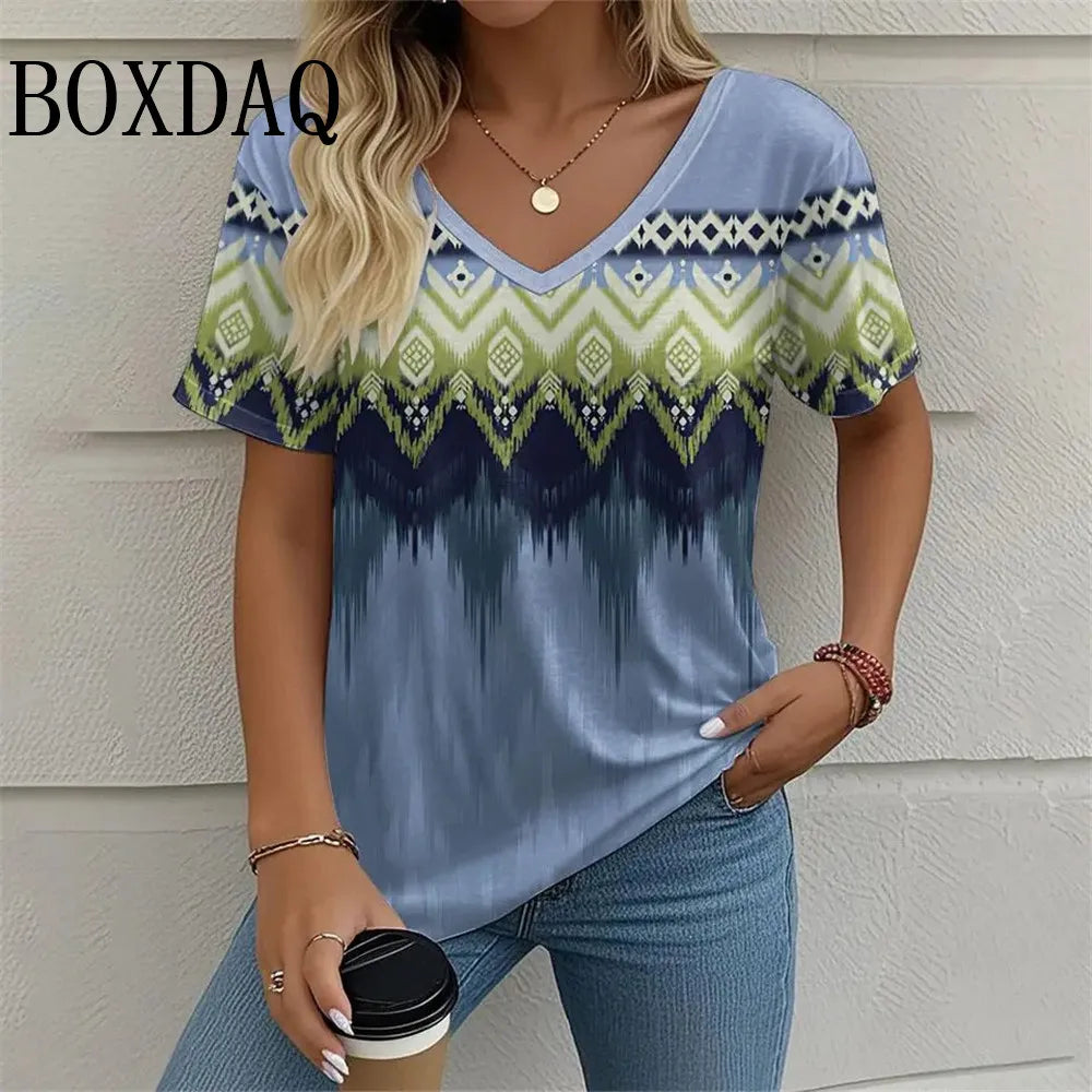 8XL Plus Size Women T Shirt Summer Retro Ethnic Style Pattern Print Tshirts Fashion Casual Loose V-Neck Short Sleeve Ladies Tops