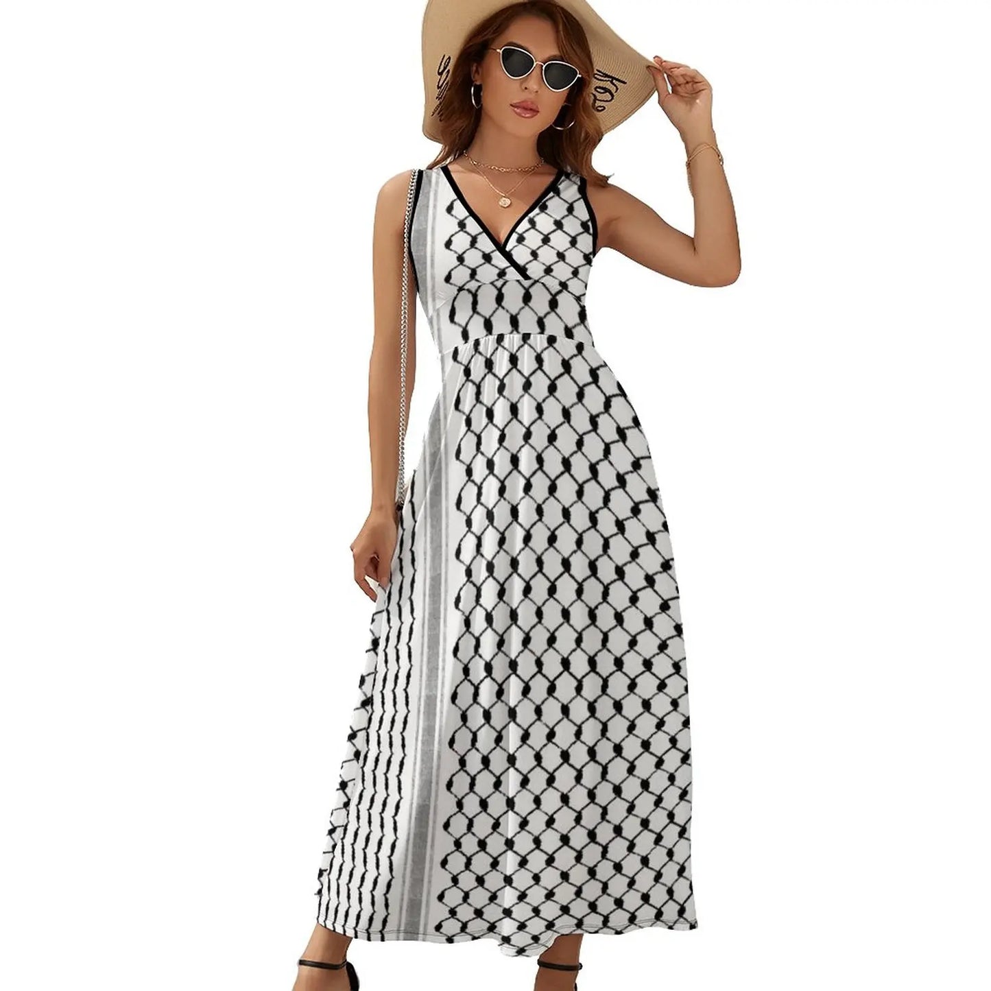 Palestinian Hatta Kufiya Folk Pattern #2-Black, Palestine Arabic Traditional Keffiyeh Design Sleeveless Dress womens clothing
