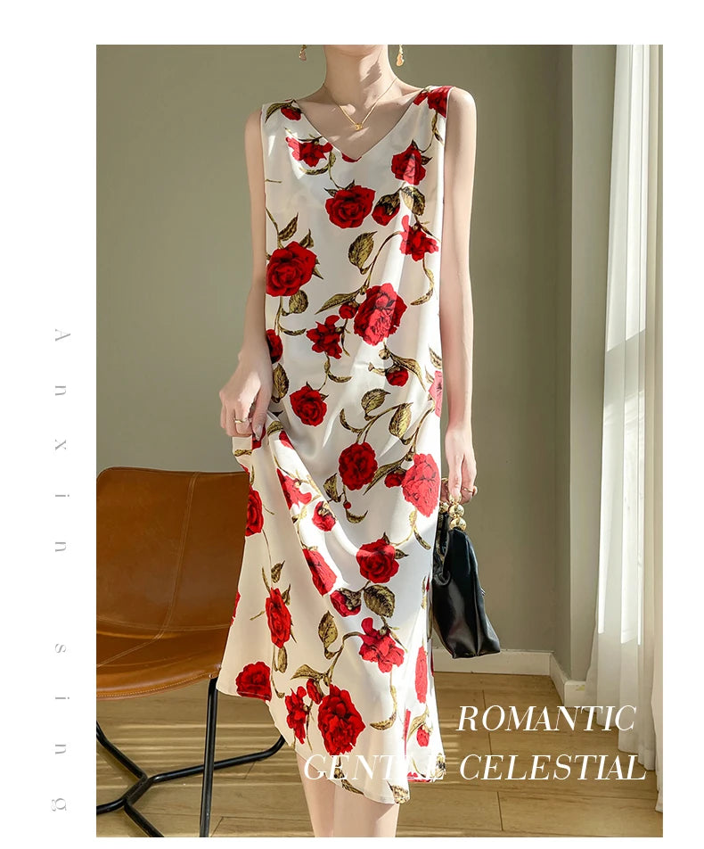 Summer new French silk vest dress for women, acetate satin V-neck light mature fashion floral A-line mid length skirt
