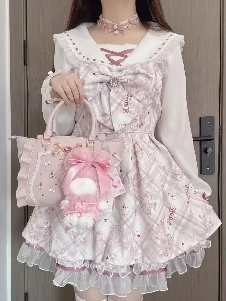 Japanres Sweet Preppy Style Bow Ruffles Dresses Women Y2k Harajuku Slim Mini Dress Autumn Gothic Plaid Long Sleeve Party Dress
