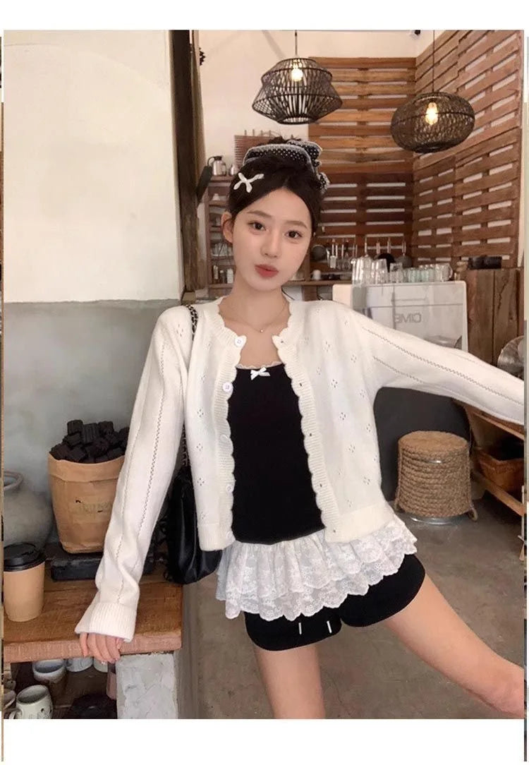 Bow Lace Patchwork Hem Cami White Top Women Camisole Long Ruffle Sleeveless 2025 Spring Autumn Y2K Korean Kawaii Camis Black