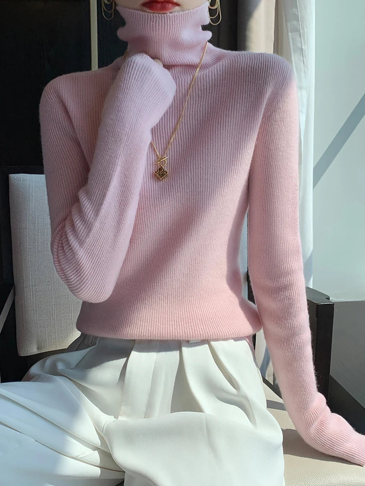 Grace Women Slim Sweater Pullover Turtleneck Basic Cashmere Autumn Winter 100% Merino Wool Knitwear Soft High-end Threaded Tops