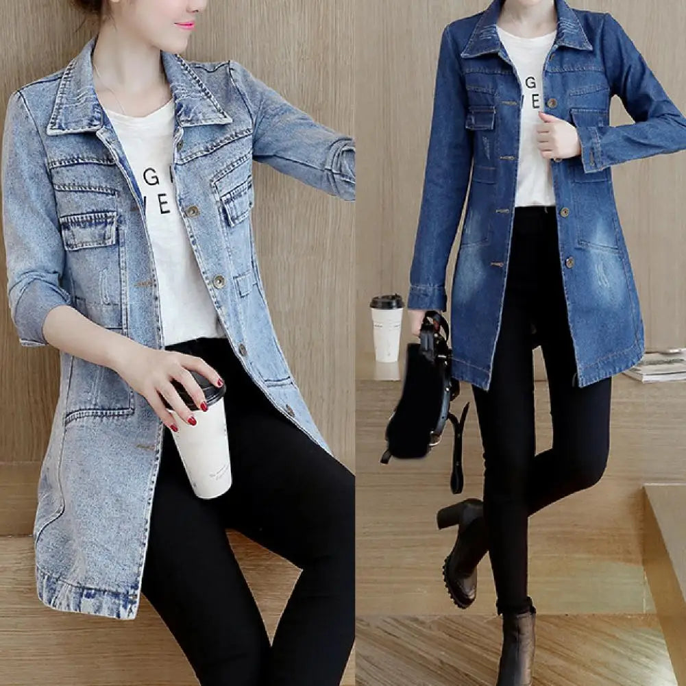 Fashion Single Breasted Long Denim Jacket Shrink Resistant Women Jacket Irregular Hem Long Women Jacket for Vacation
