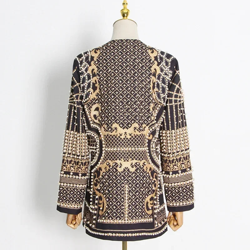 Women Suit Jacket V-Neck Long Sleeved Bubble Bead Print Retro Elegant Fashion Trend Versatile Loose Comfortable Suit Overcoat