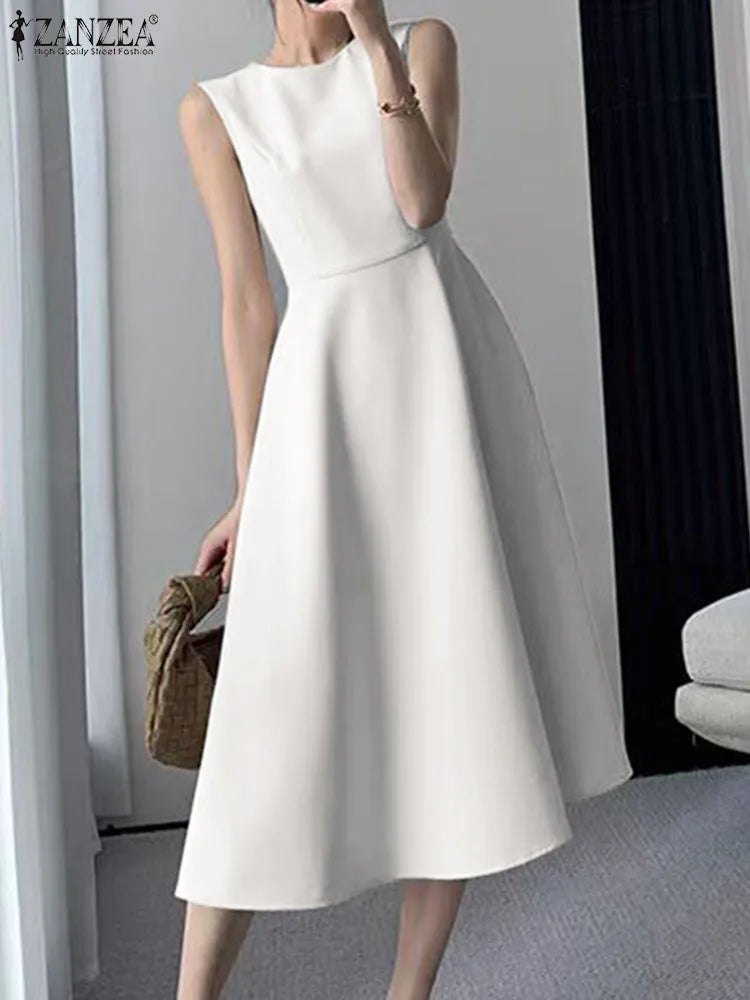 ZANZEA Women Sleeveless Pleated Dress 2024 Summer Korean A-line Tank Evening Dress Elegant Swing Vestido Vintage Party Long Robe