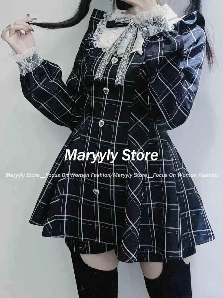 Japanres Sweet Preppy Style Bow Ruffles Dresses Women Y2k Harajuku Slim Mini Dress Autumn Gothic Plaid Long Sleeve Party Dress
