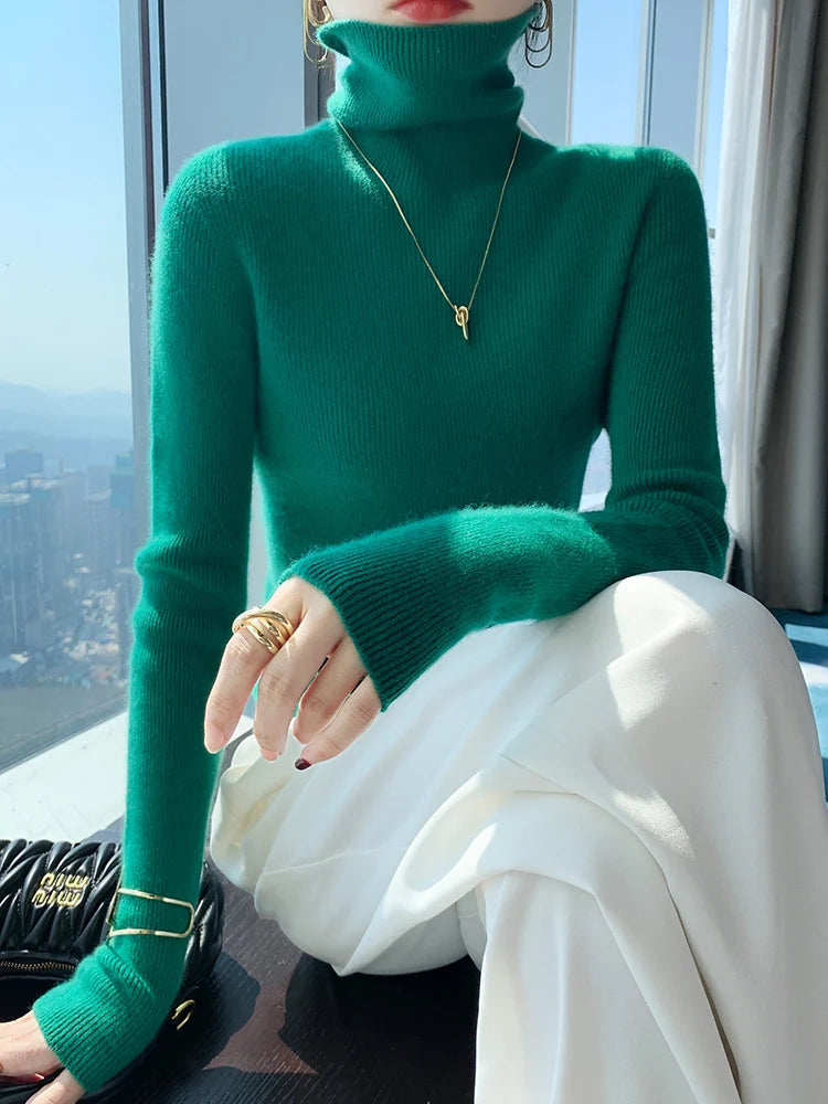 Grace Women Slim Sweater Pullover Turtleneck Basic Cashmere Autumn Winter 100% Merino Wool Knitwear Soft High-end Threaded Tops