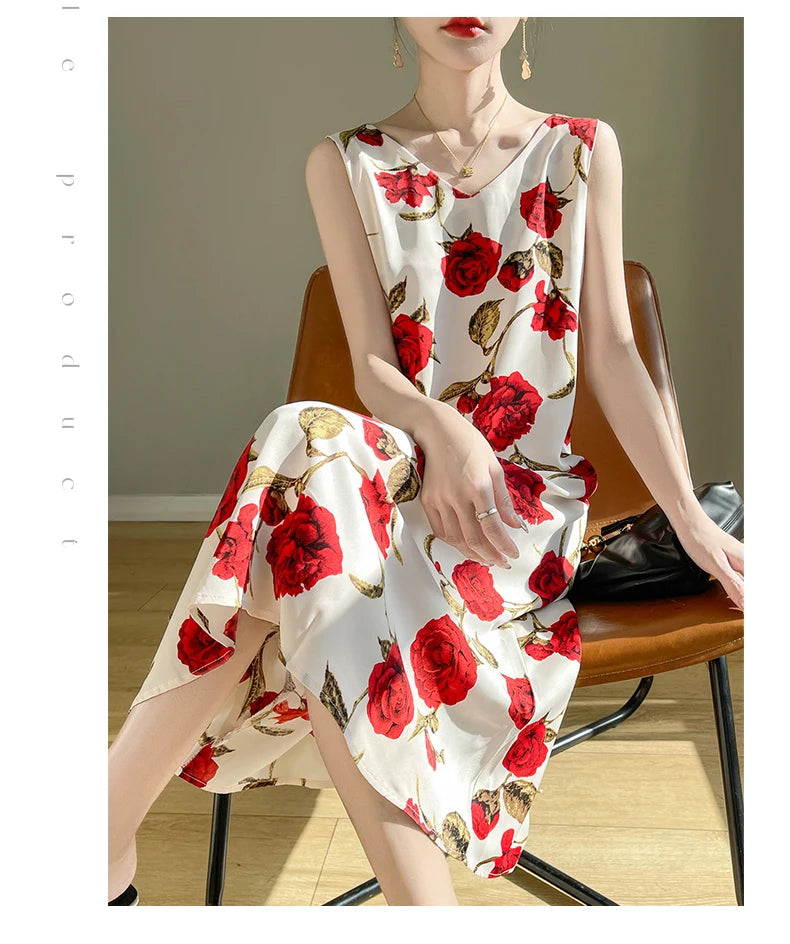 Summer new French silk vest dress for women, acetate satin V-neck light mature fashion floral A-line mid length skirt