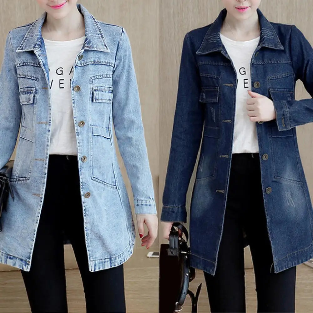 Fashion Single Breasted Long Denim Jacket Shrink Resistant Women Jacket Irregular Hem Long Women Jacket for Vacation