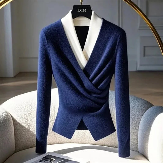 Design Blue Fake Two-Piece Sweater Women's Autumn And Winter New High-Grade Super Nice V-Neck Bottoming Sweater