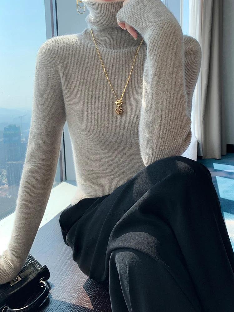 Grace Women Slim Sweater Pullover Turtleneck Basic Cashmere Autumn Winter 100% Merino Wool Knitwear Soft High-end Threaded Tops