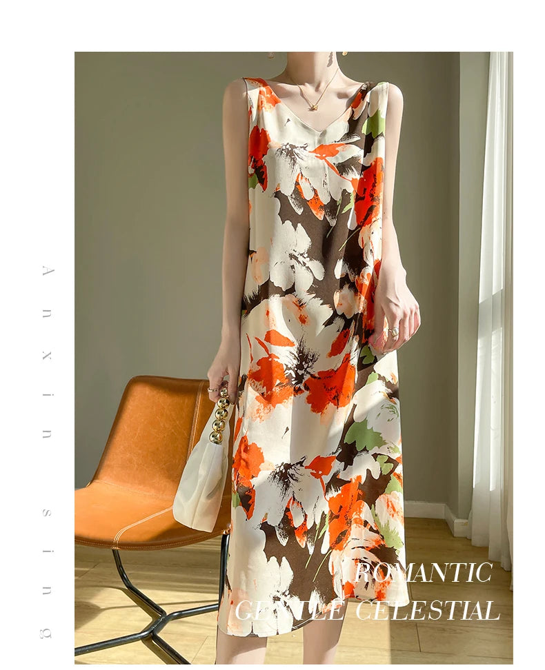 Summer new French silk vest dress for women, acetate satin V-neck light mature fashion floral A-line mid length skirt