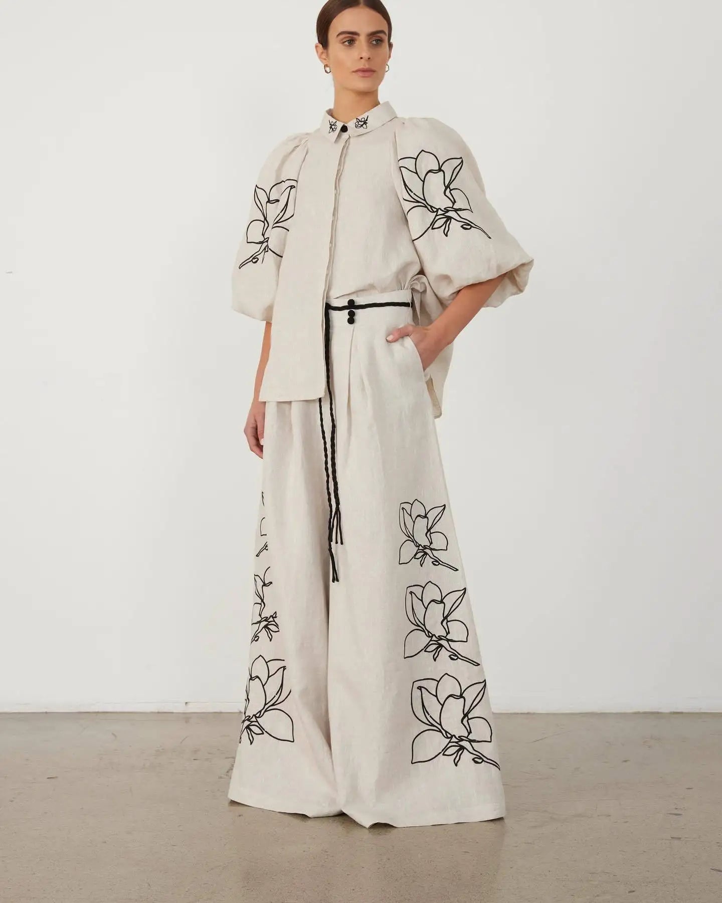 Cotton Linen Women Elegant Two Piece Set Loose Long Sleeve Printed Shirt and High Waist Wide Leg Pants Set Casual Womens Outfits
