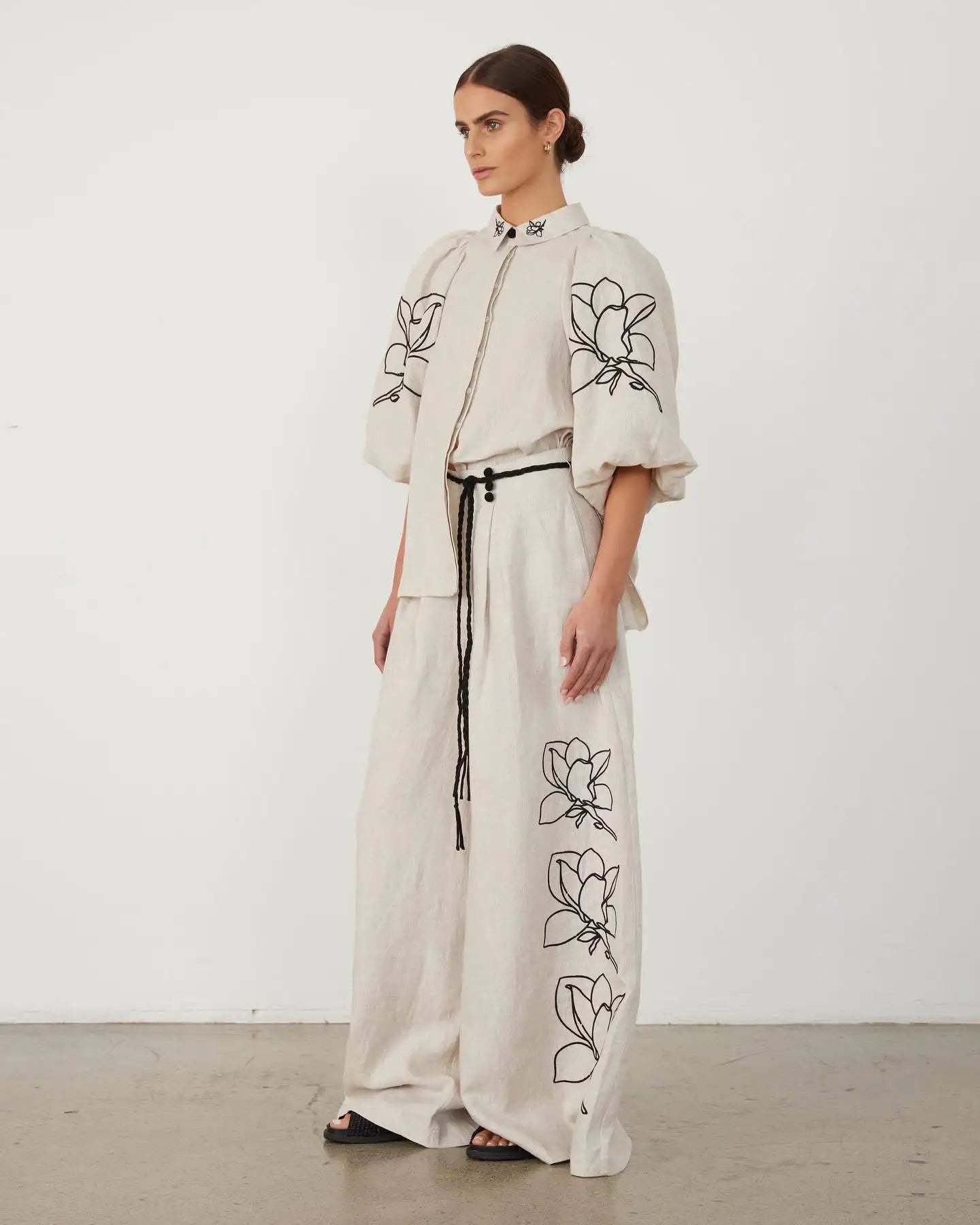 Cotton Linen Women Elegant Two Piece Set Loose Long Sleeve Printed Shirt and High Waist Wide Leg Pants Set Casual Womens Outfits
