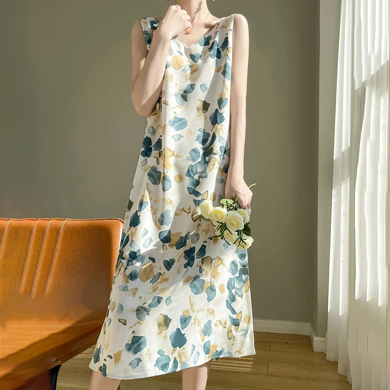 Summer new French silk vest dress for women, acetate satin V-neck light mature fashion floral A-line mid length skirt