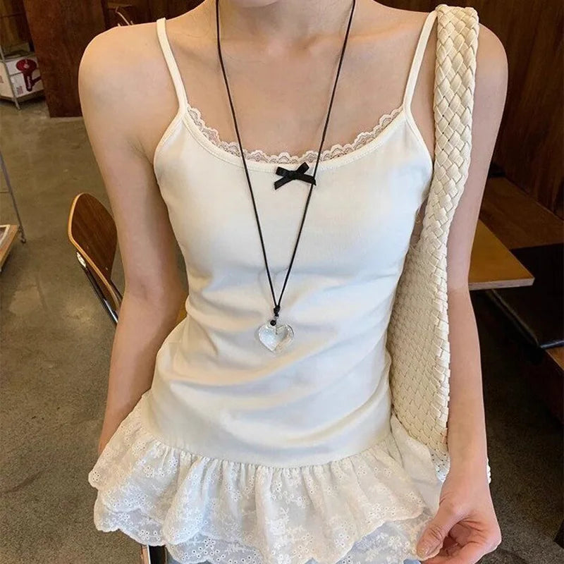 Bow Lace Patchwork Hem Cami White Top Women Camisole Long Ruffle Sleeveless 2025 Spring Autumn Y2K Korean Kawaii Camis Black
