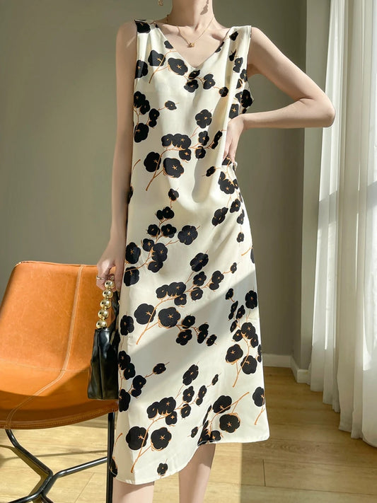 Summer new French silk vest dress for women, acetate satin V-neck light mature fashion floral A-line mid length skirt