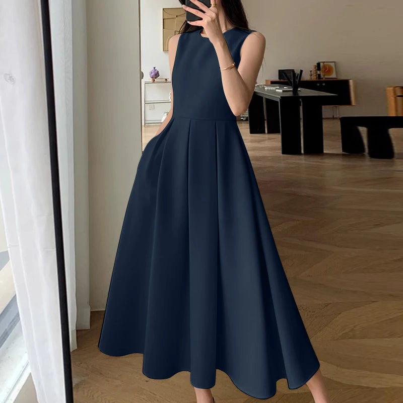ZANZEA Women Sleeveless Pleated Dress 2024 Summer Korean A-line Tank Evening Dress Elegant Swing Vestido Vintage Party Long Robe