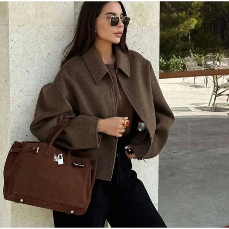 Faux Fur Zipper Jackets Women Casual Lapel Pocket Long Sleeves Wool Coats Female 2025 Autumn Winter Fashion Solid Soft Outwears