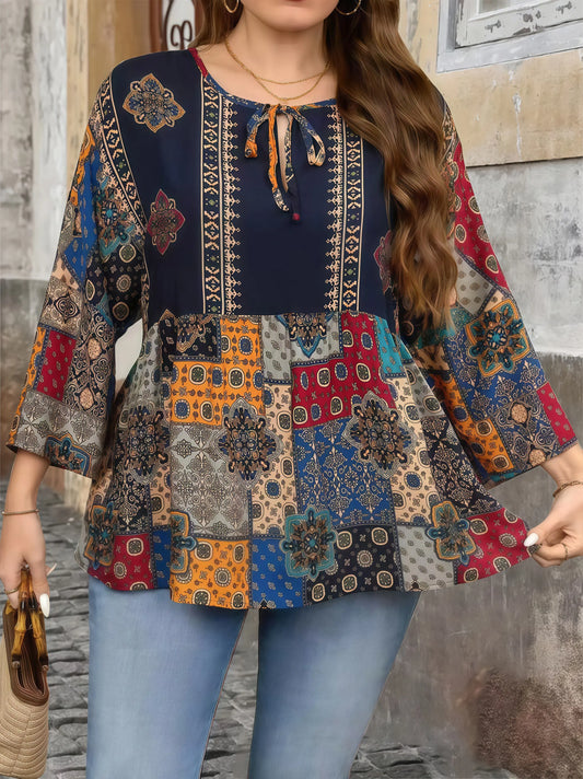 Bohemian Print V-Neck Tie-Waist 3/4 Sleeve Plus Size Women's T-Shirt - Elegant Ethnic Blouse